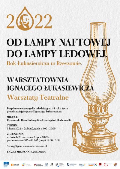 Plakat promujący Warsztaty Teatralne w ramach Warsztatowni Ignacego Łukasiewicza
